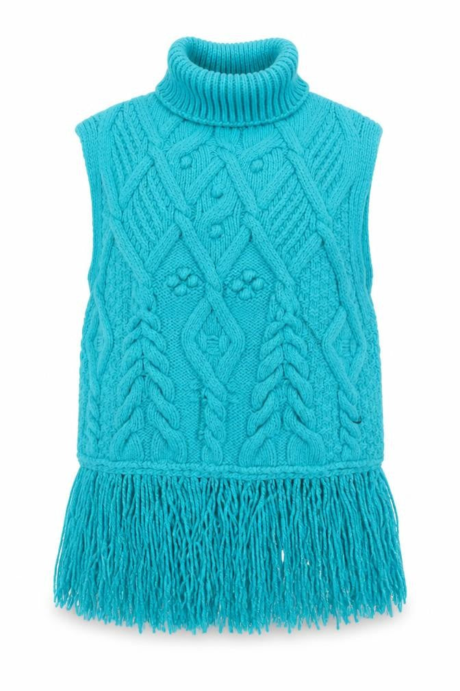 ZARA Women Blue Cable-Knit Roll Neck Sleeveless Fringe Vest M