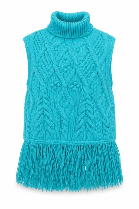Zara Women Blue Cable-Knit Roll Neck Sleeveless Fringe Vest M