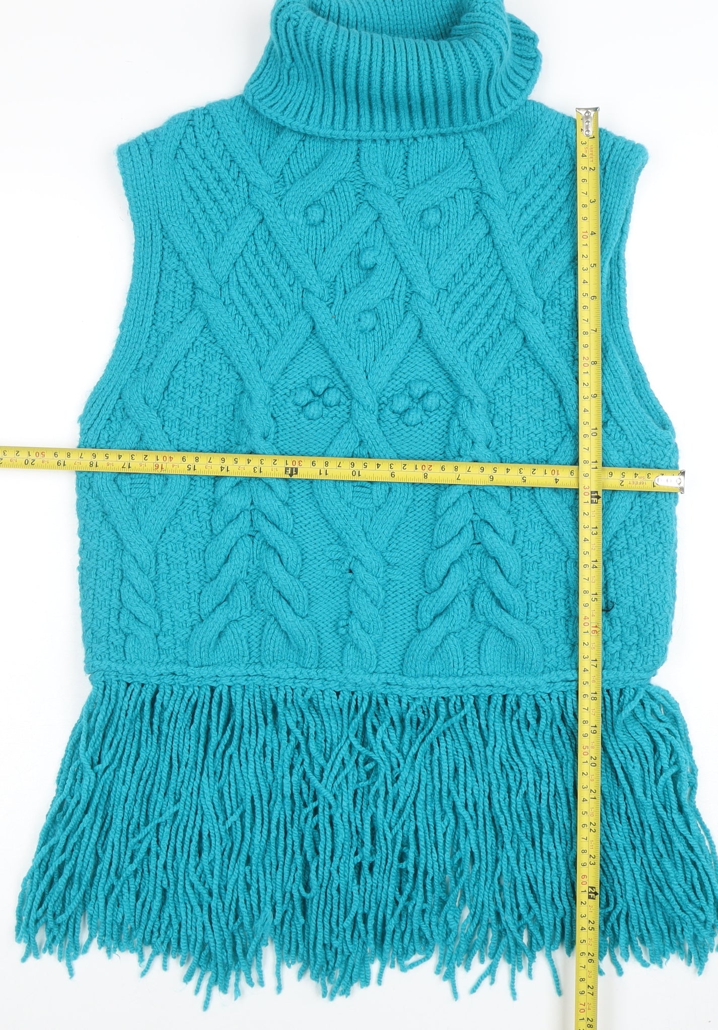 ZARA Women Blue Cable-Knit Roll Neck Sleeveless Fringe Vest M
