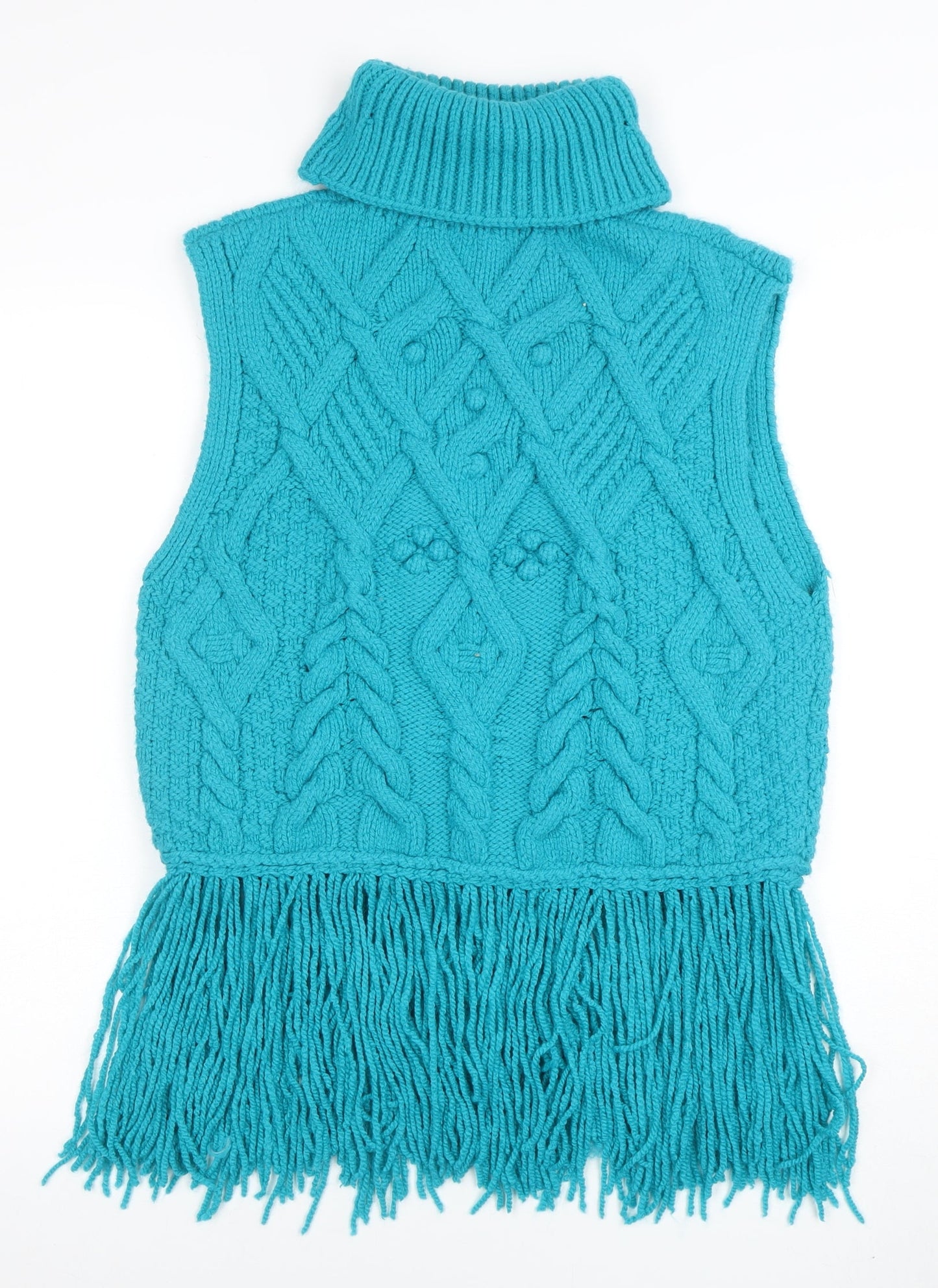ZARA Women Blue Cable-Knit Roll Neck Sleeveless Fringe Vest M