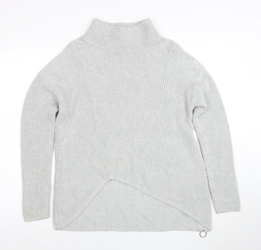 Oui Women’s Grey High Neck Cotton Knit Zip Jumper Size S