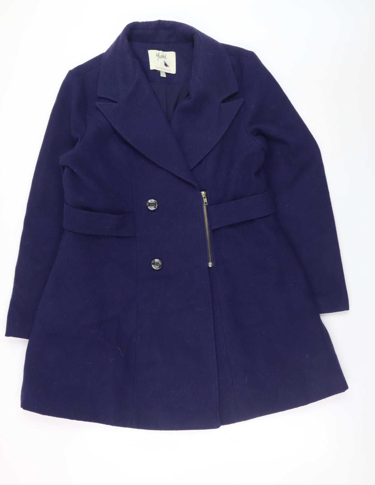 Yumi Women Blue Wool Blend Mid-Length Belted Overcoat UK 14