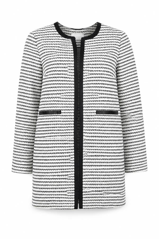 Marks & Spencer Women Black White Striped Mid-Length Coat Size 8