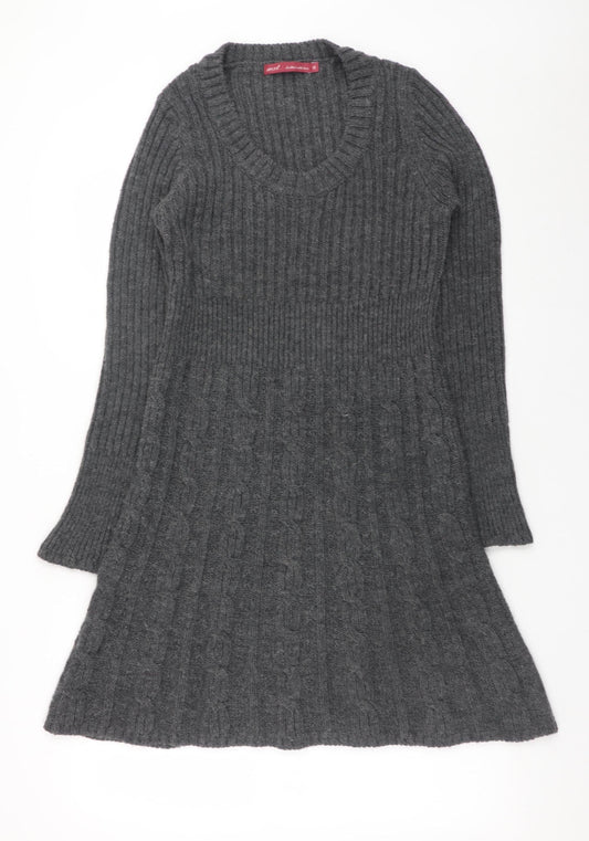 Next Women Grey Wool Blend Jumper Dress Size 12 Long Sleeve V-Neck Knit