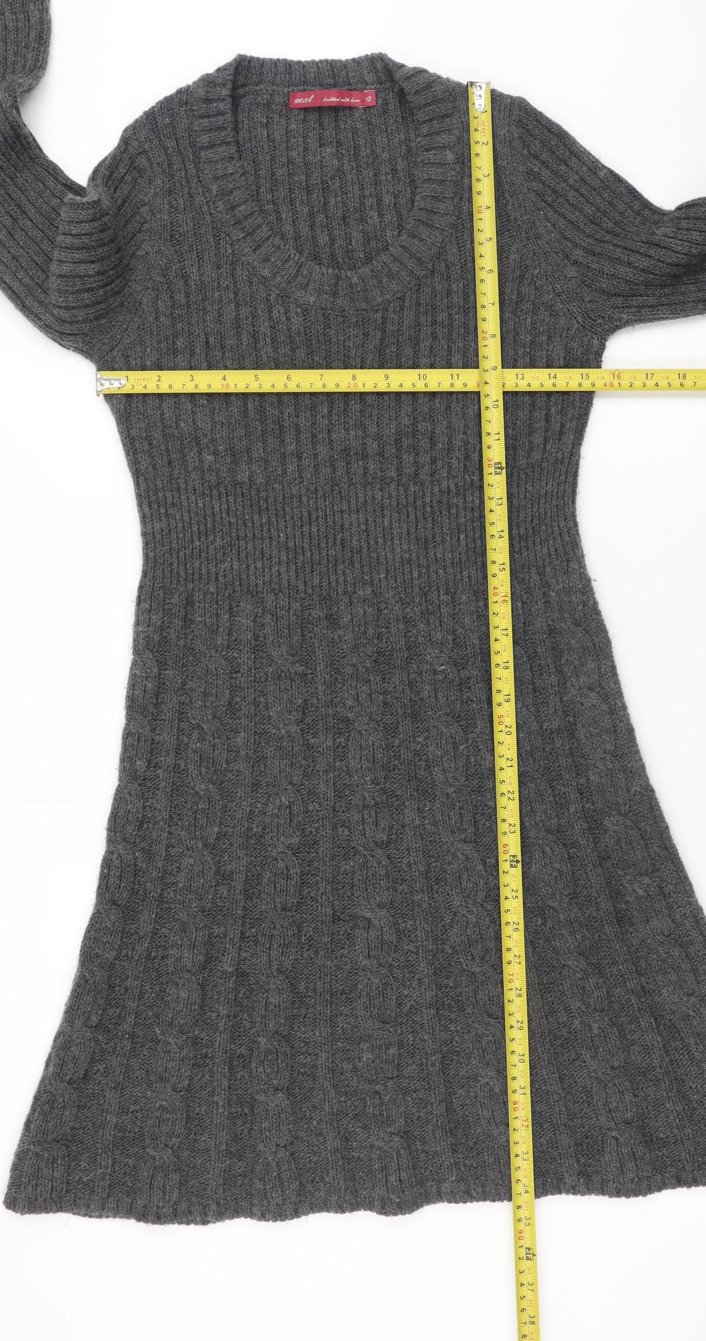 Next Women Grey Wool Blend Jumper Dress Size 12 Long Sleeve V-Neck Knit