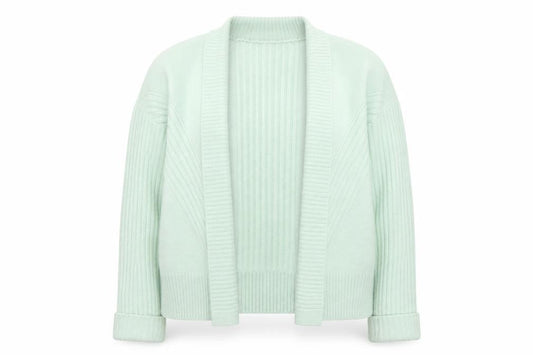 Front view of Miss Selfridge Women Green Ribbed Knit Cardigan, size M, Open Front