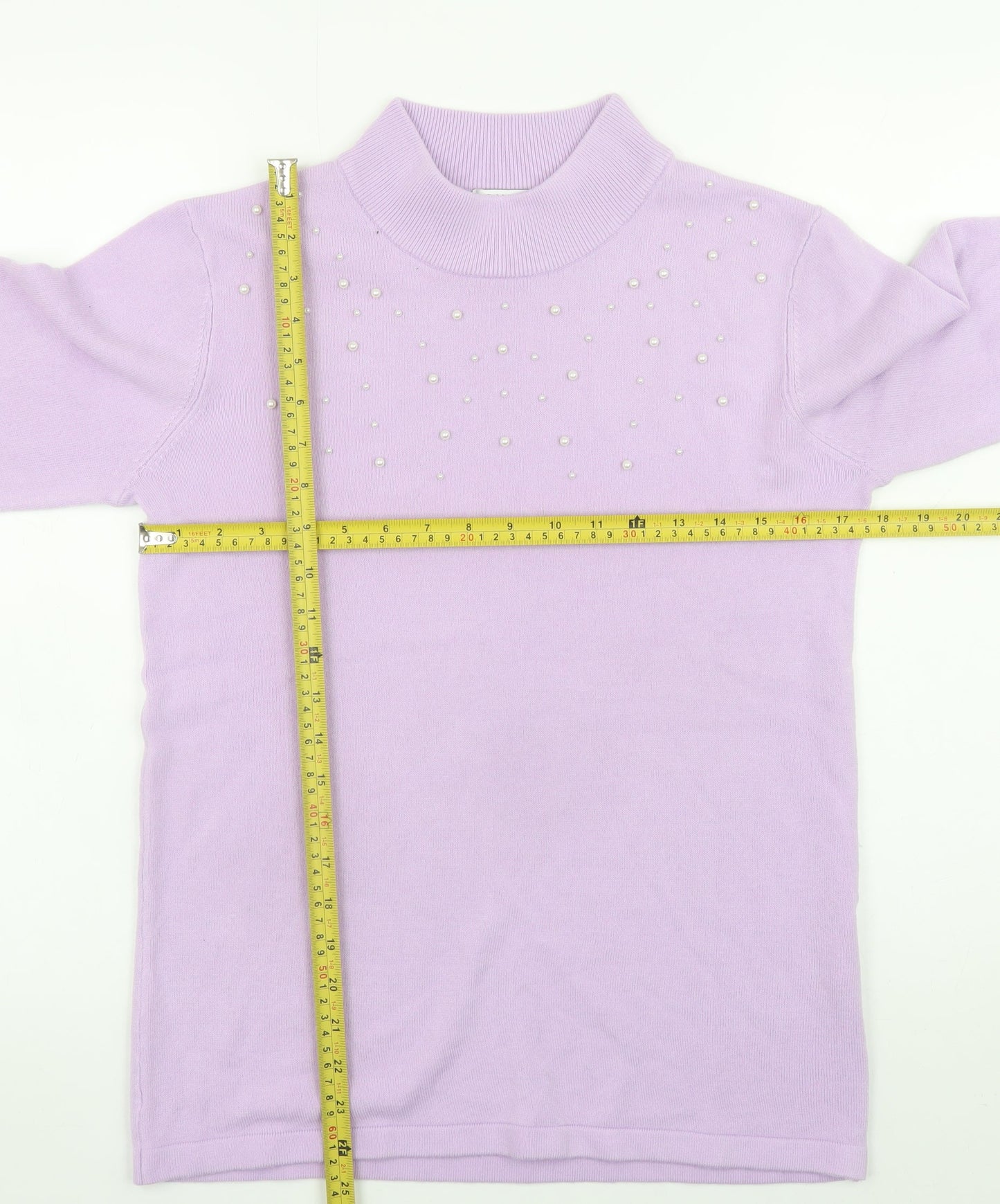 Damart Womens Purple Mock Neck Beaded Long Sleeve Pullover Jumper Size 10