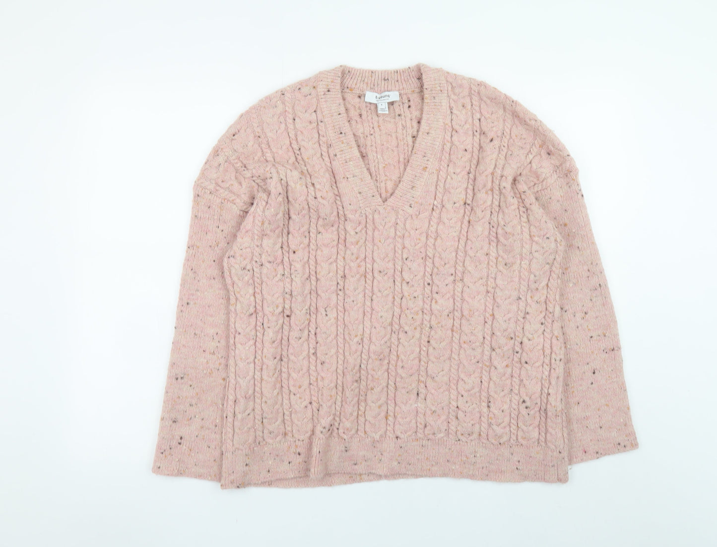 b.young Women’s Pink Cable-Knit Wool Blend V-Neck Jumper Size S