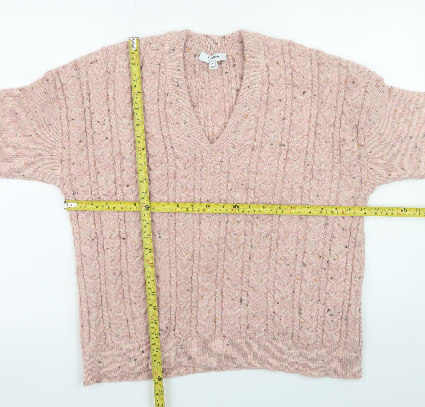 b.young Women’s Pink Cable-Knit Wool Blend V-Neck Jumper Size S
