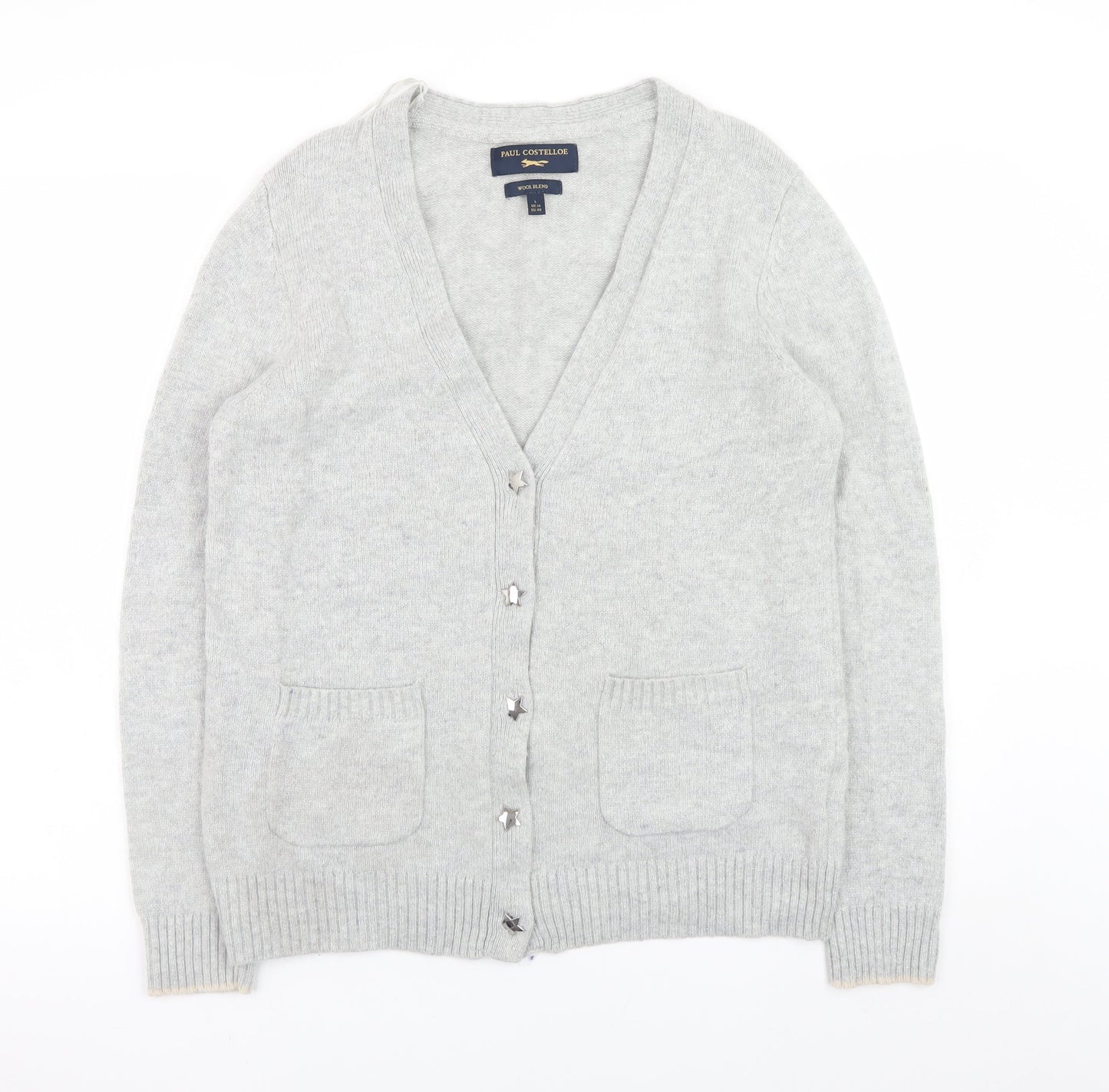 Paul Costelloe Women’s Grey Wool Blend Cardigan Size 14 V-Neck Knit