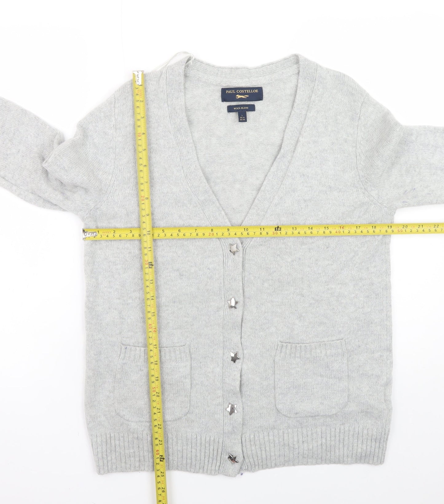 Paul Costelloe Women’s Grey Wool Blend Cardigan Size 14 V-Neck Knit