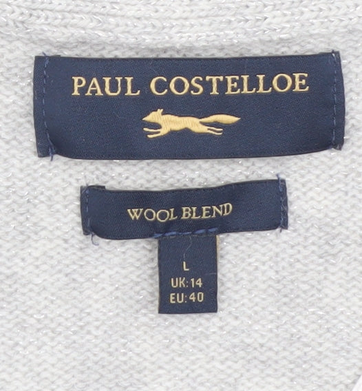 Paul Costelloe Women’s Grey Wool Blend Cardigan Size 14 V-Neck Knit