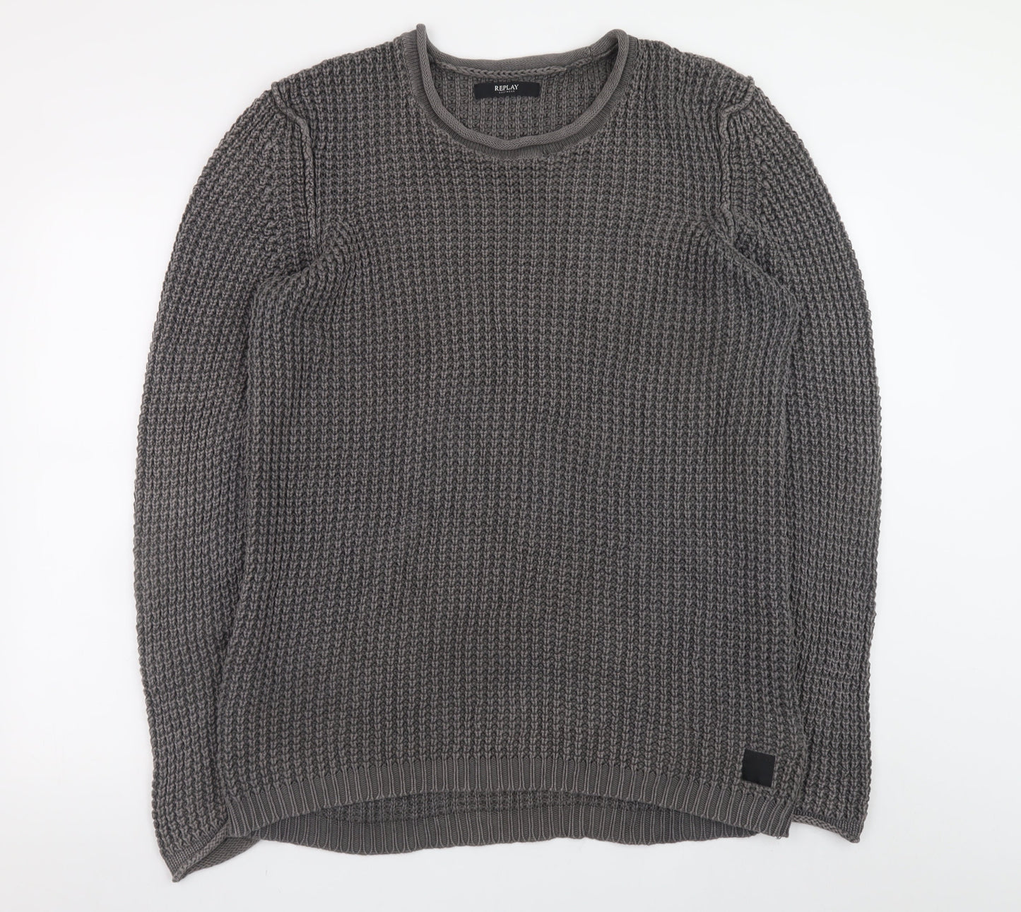Replay Men's Grey Chunky Knit Crew Neck Cotton Jumper Size L