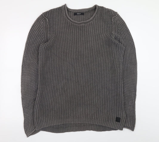 Replay Men's Grey Chunky Knit Crew Neck Cotton Jumper Size L
