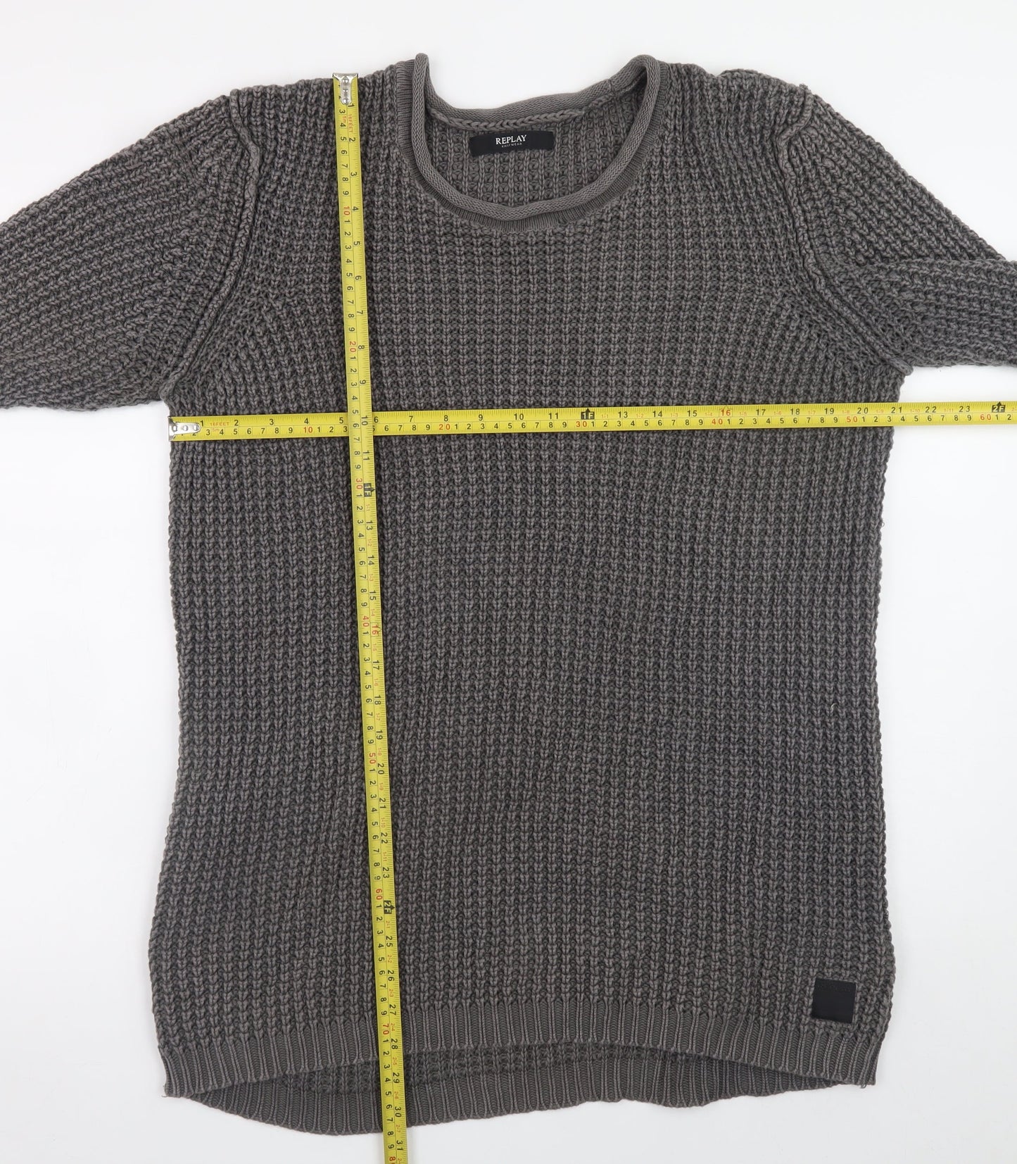 Replay Men's Grey Chunky Knit Crew Neck Cotton Jumper Size L