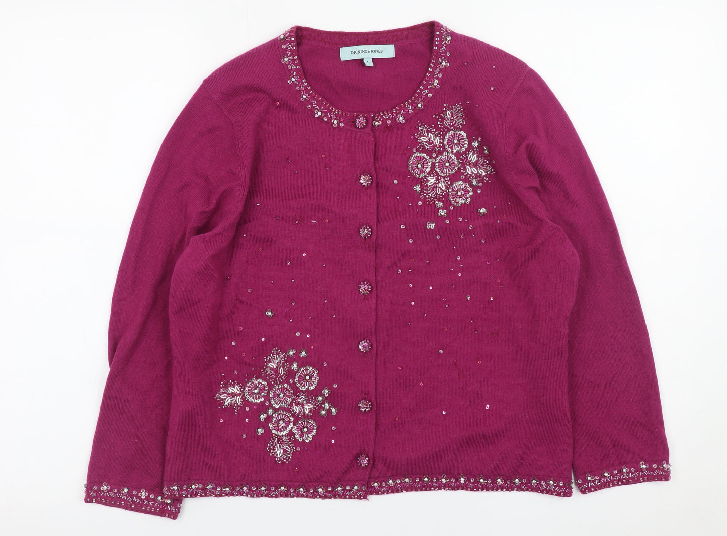 Dickins & Jones Women’s Purple Beaded Floral Cardigan L Cotton Cashmere