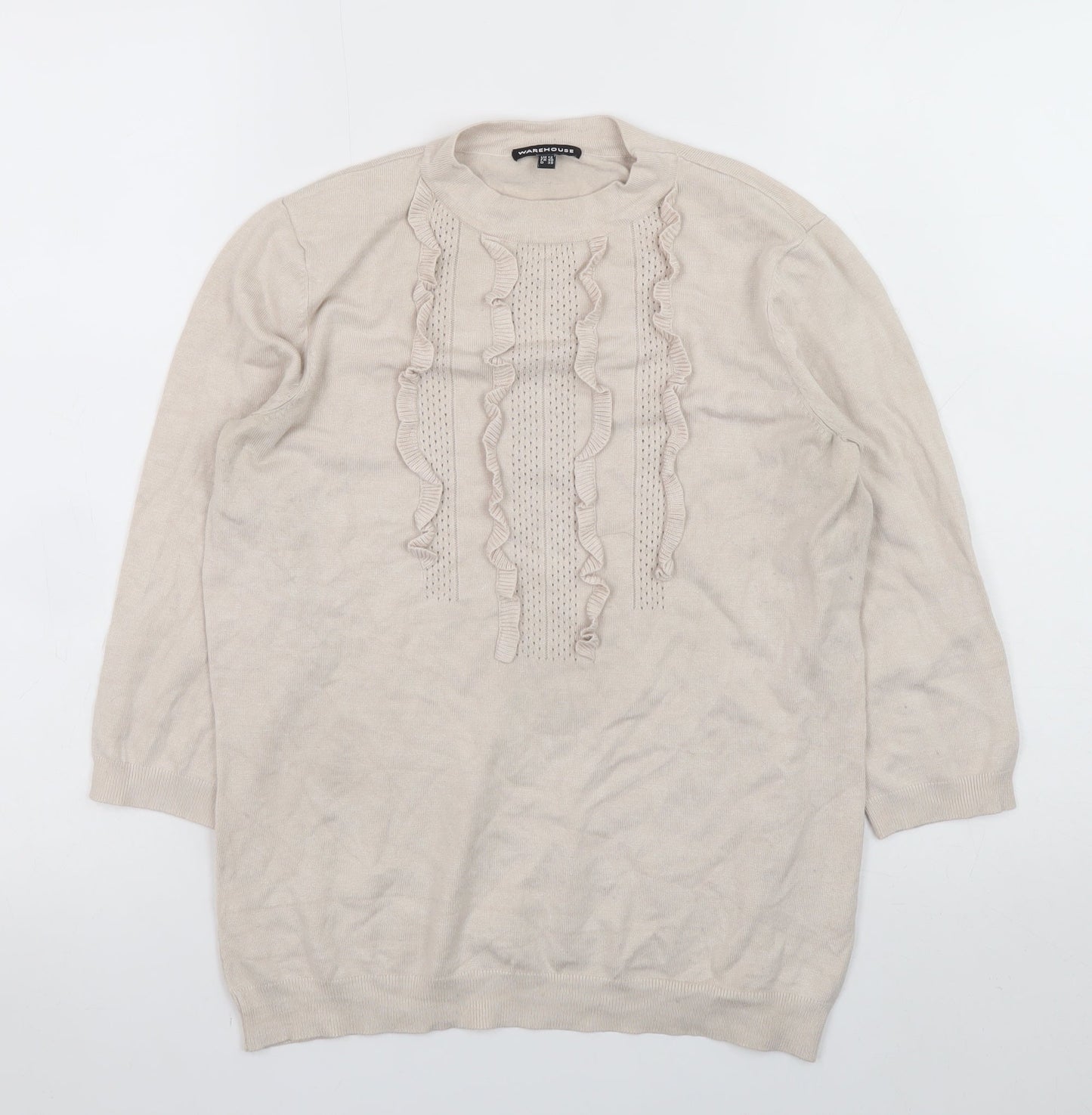 Warehouse Women Beige High Neck Ruffle Knit Jumper Size M
