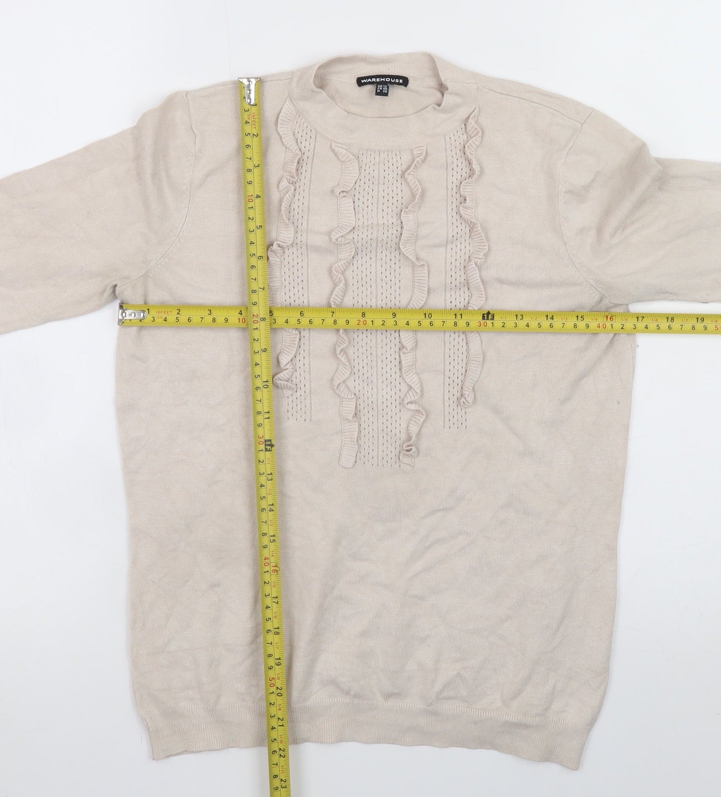 Warehouse Women Beige High Neck Ruffle Knit Jumper Size M
