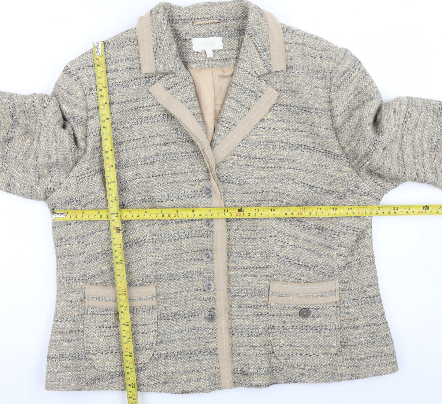 Marks and Spencer Women Beige Tweed Cardigan Jacket UK 20 Classic Fit