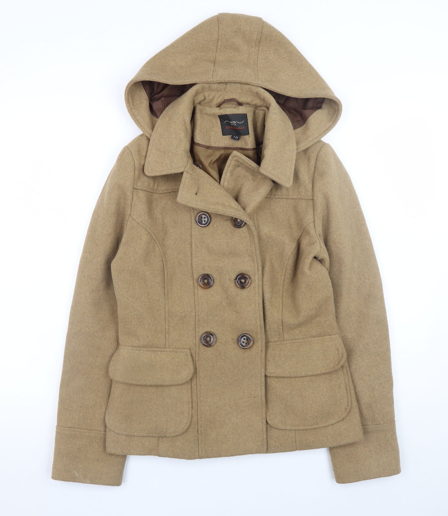 New Look Women's Beige Wool Blend Hooded Pea Coat Size 10