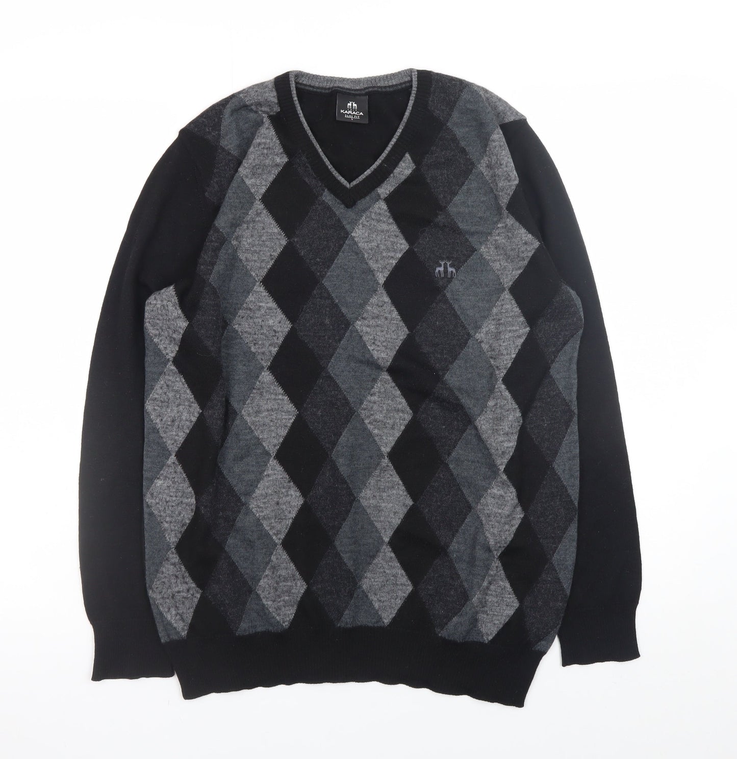 Karaca Mens Grey Argyle V-Neck Wool Blend Slim Fit Jumper L