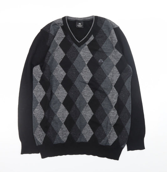 Karaca Mens Grey Argyle V-Neck Wool Blend Slim Fit Jumper L
