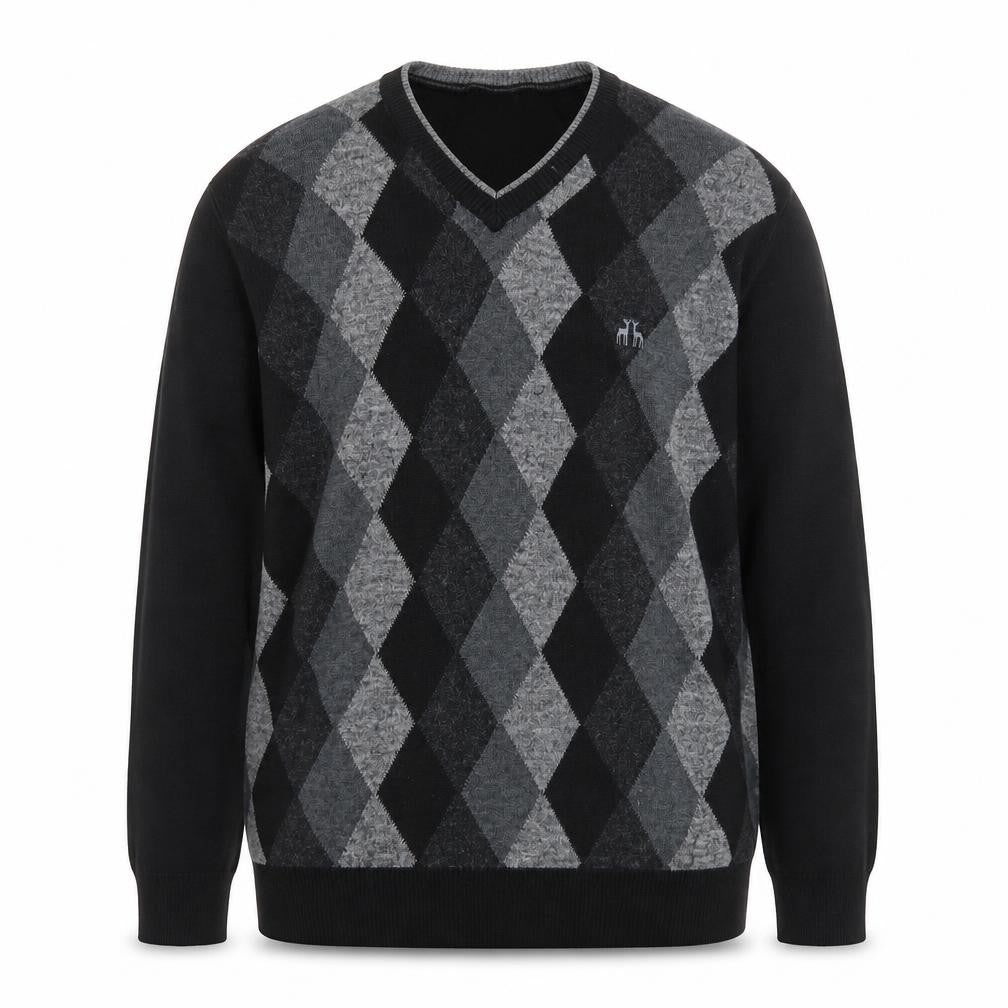 Karaca Mens Grey Argyle V-Neck Wool Blend Slim Fit Jumper L