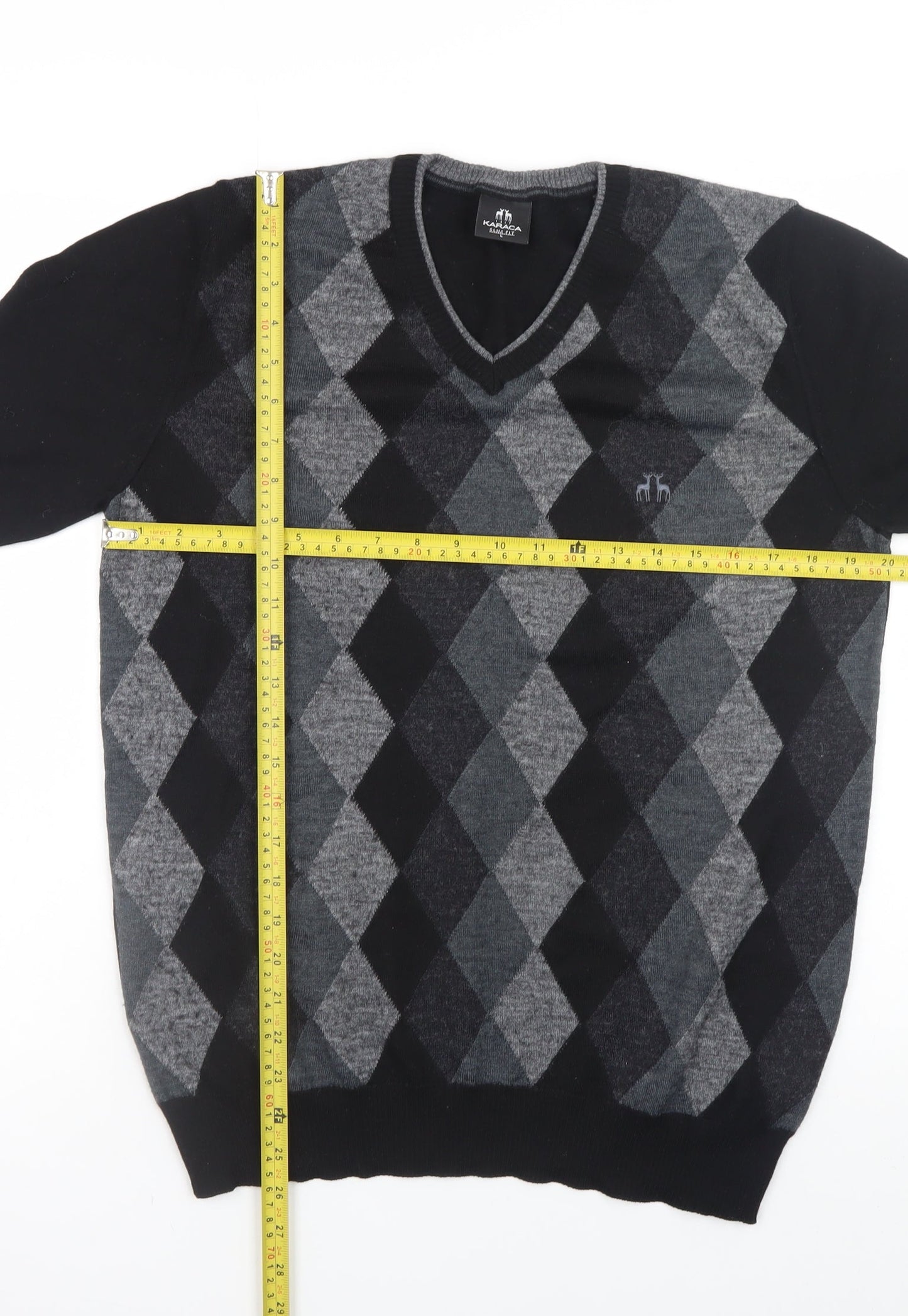 Karaca Mens Grey Argyle V-Neck Wool Blend Slim Fit Jumper L