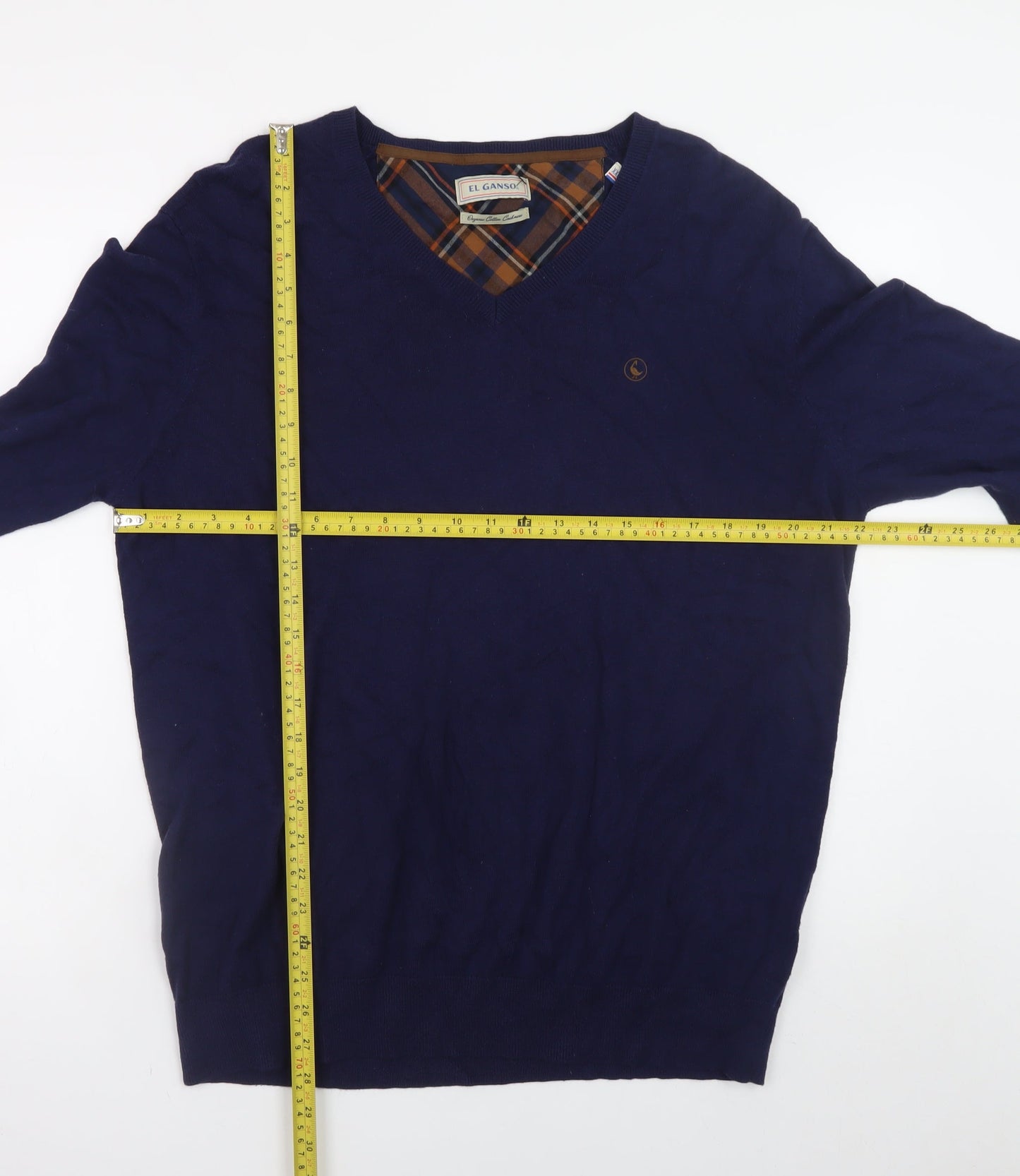 El Ganso Men's Blue 2XL Cotton Cashmere V-Neck Jumper with Elbow Patches