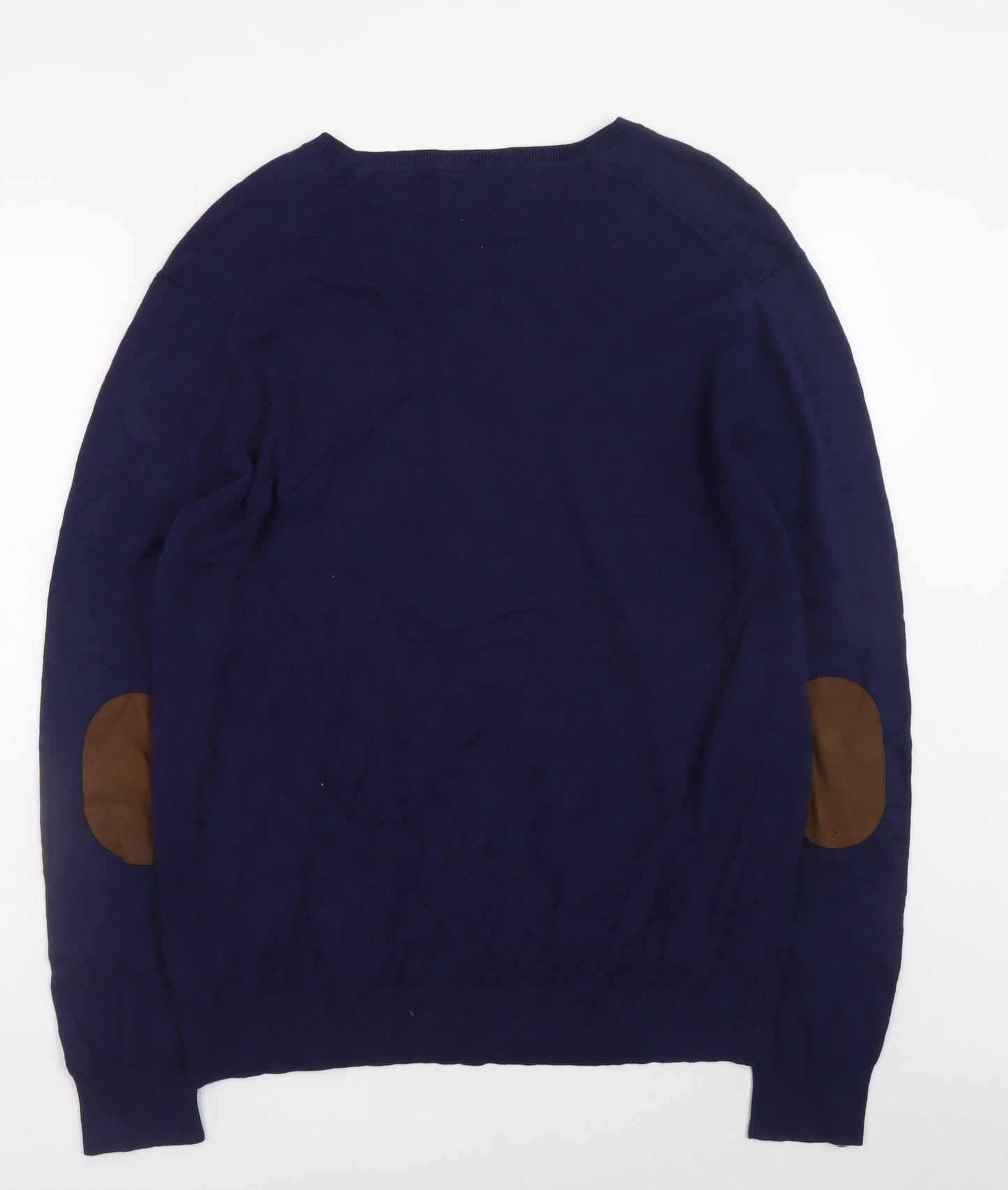 El Ganso Men's Blue 2XL Cotton Cashmere V-Neck Jumper with Elbow Patches
