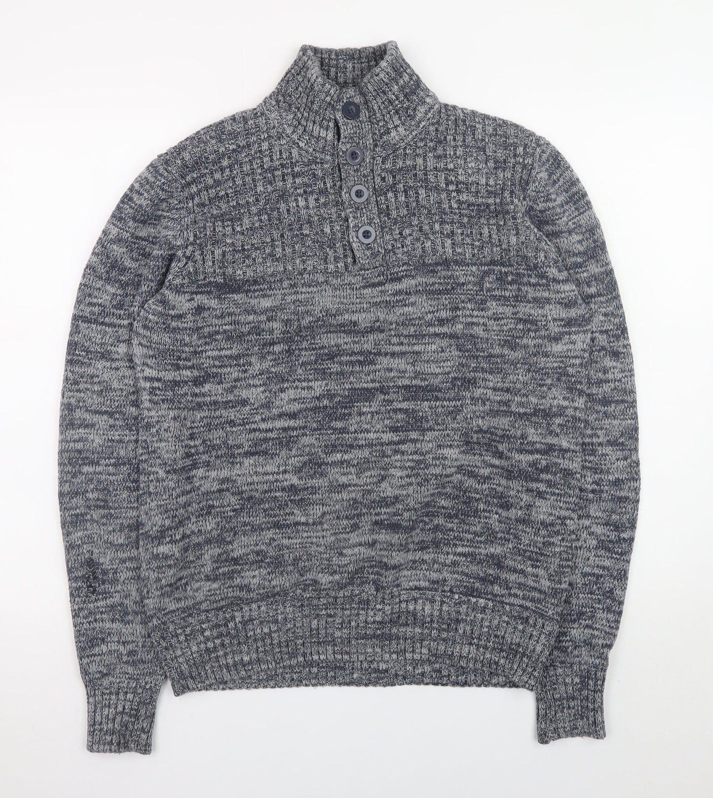 Identic Men Grey Chunky-Knit Henley Jumper M High Neck Casual
