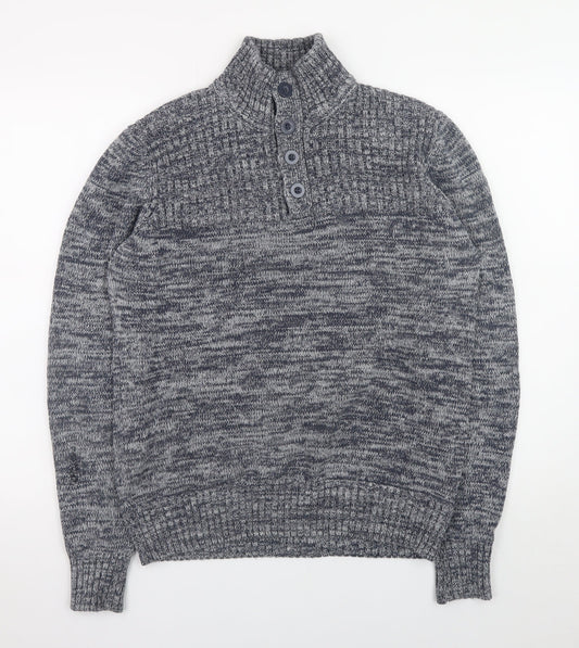 Identic Men Grey Chunky-Knit Henley Jumper M High Neck Casual
