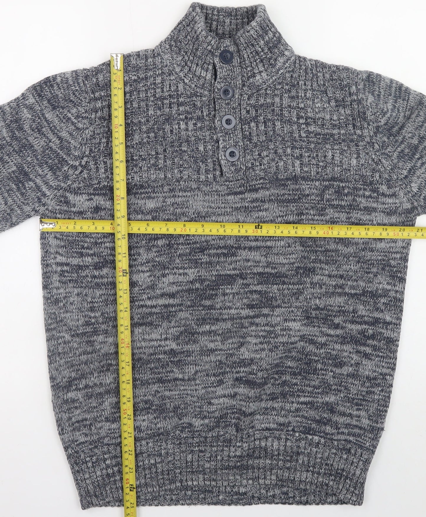 Identic Men Grey Chunky-Knit Henley Jumper M High Neck Casual
