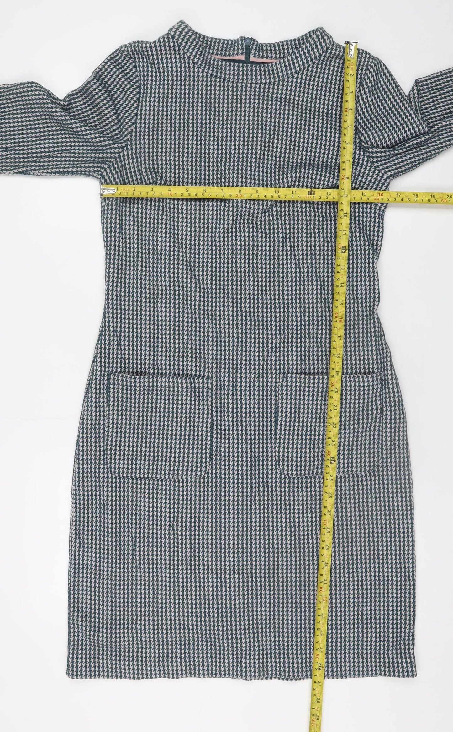 Boden Women Grey Houndstooth Shift Dress Size 12R 3/4 Sleeve Knit
