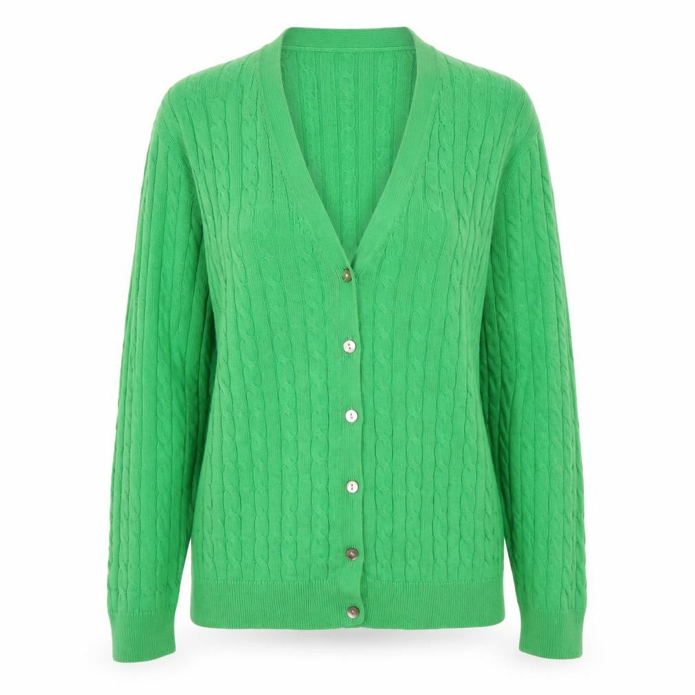Lands' End Women's Green Cable-Knit Cardigan M V-Neck Classic Fit