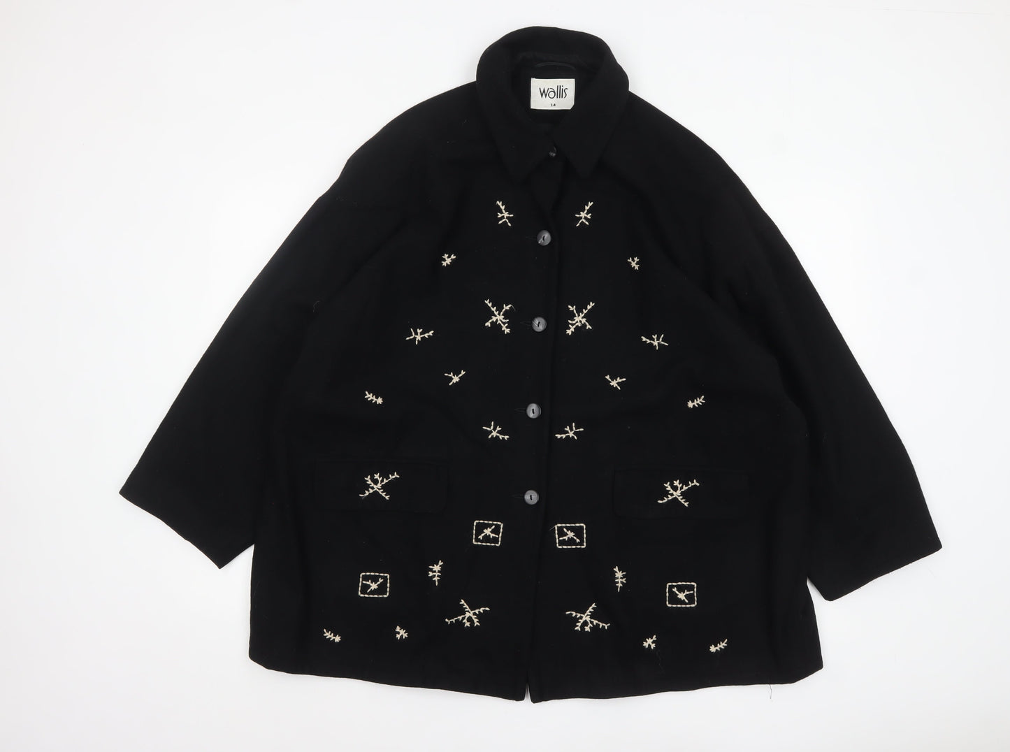 Wallis Women’s Black Wool Overcoat Size 14 Embroidered Classic Style