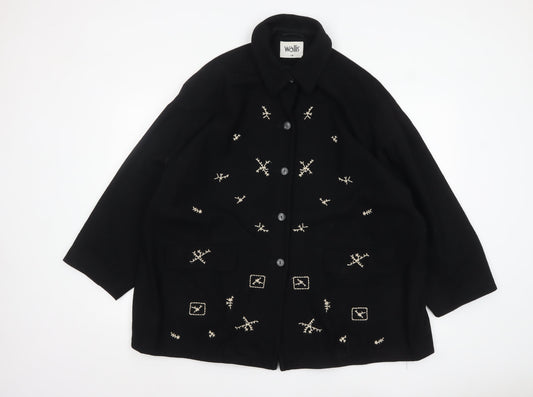 Wallis Women’s Black Wool Overcoat Size 14 Embroidered Classic Style