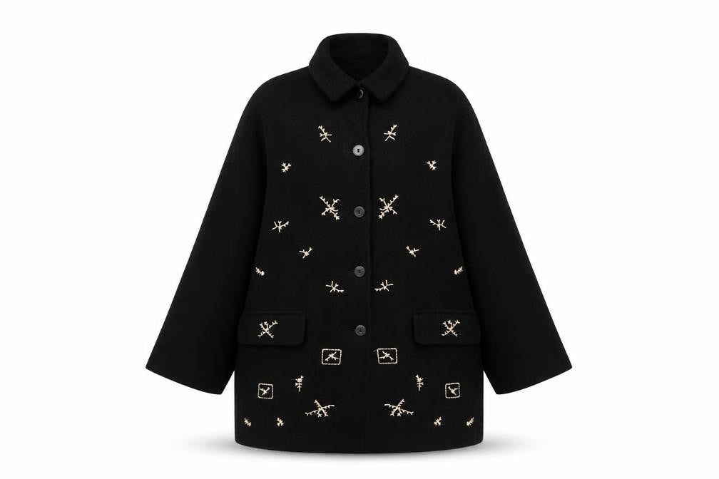 Wallis Women’s Black Wool Overcoat Size 14 Embroidered Classic Style