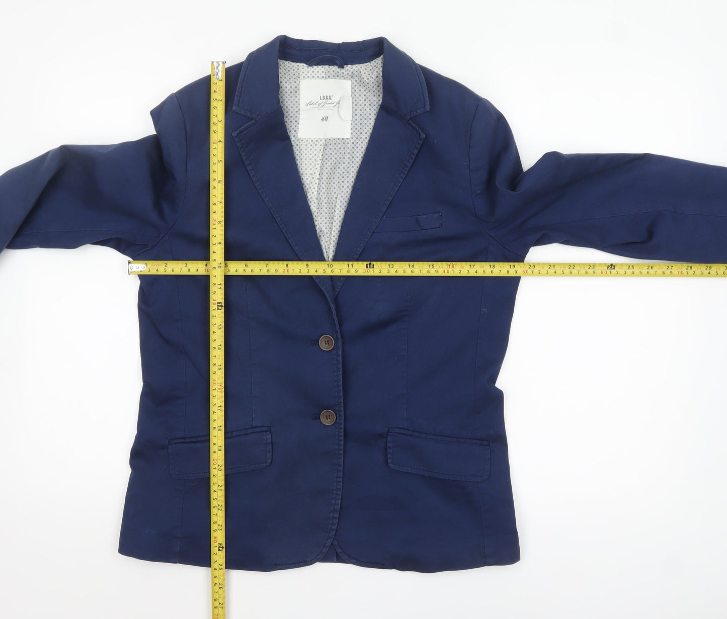 H&M L.O.G.G. Women Blue Cotton Single-Breasted Blazer UK 14