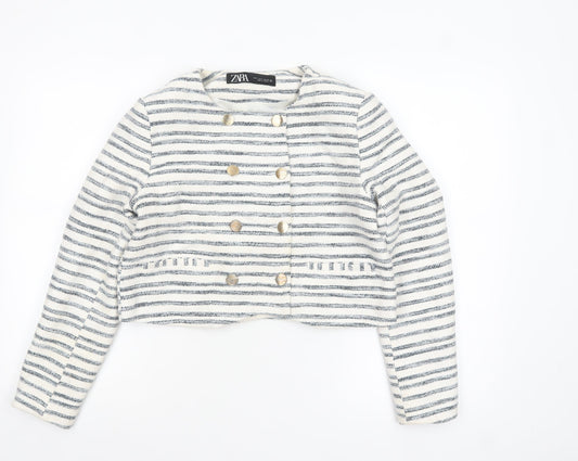 Zara Women's White Striped Cropped Blazer Jacket Size 8
