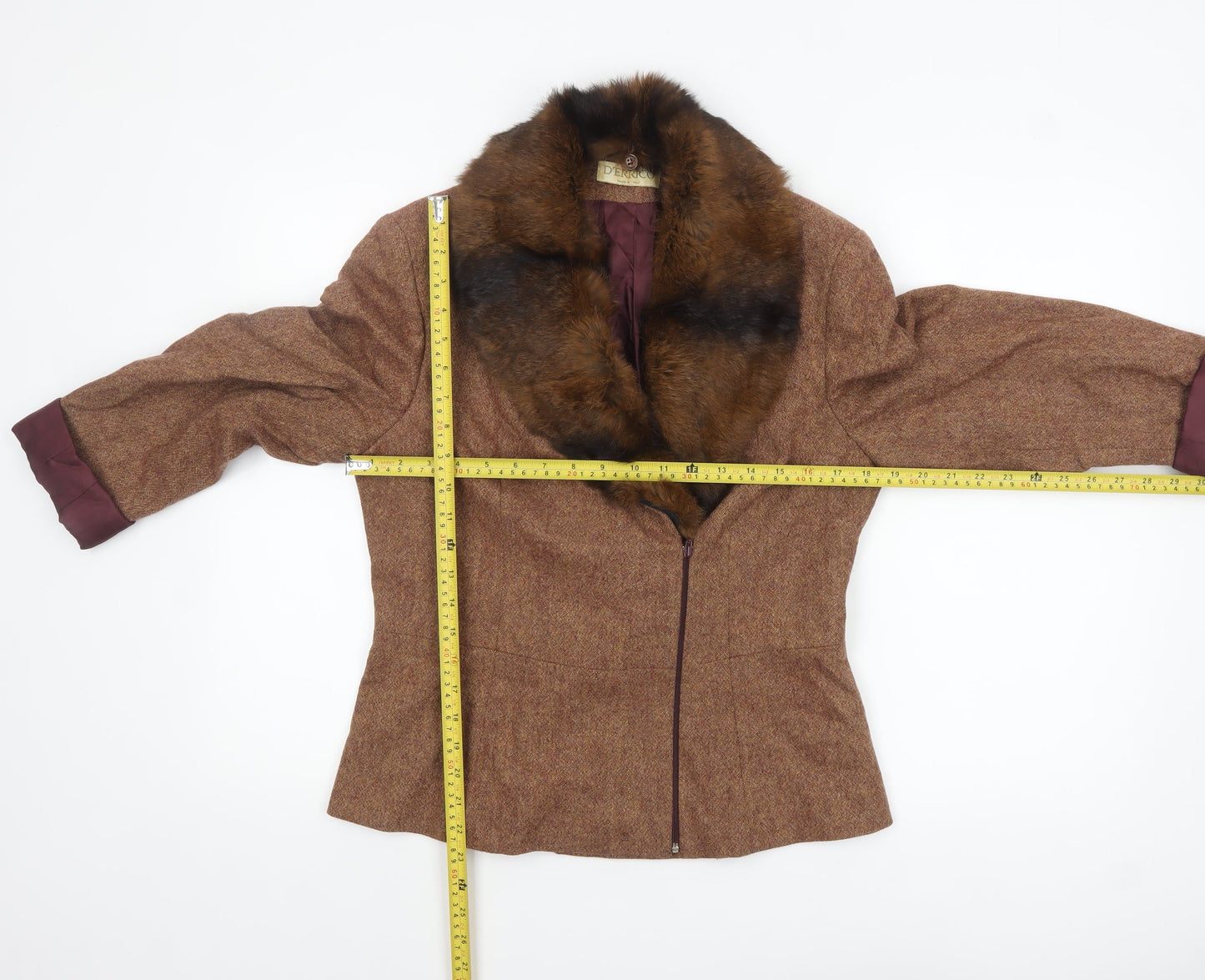 D’Errico Women’s Brown Wool Tweed Fur Trim Jacket Size 14