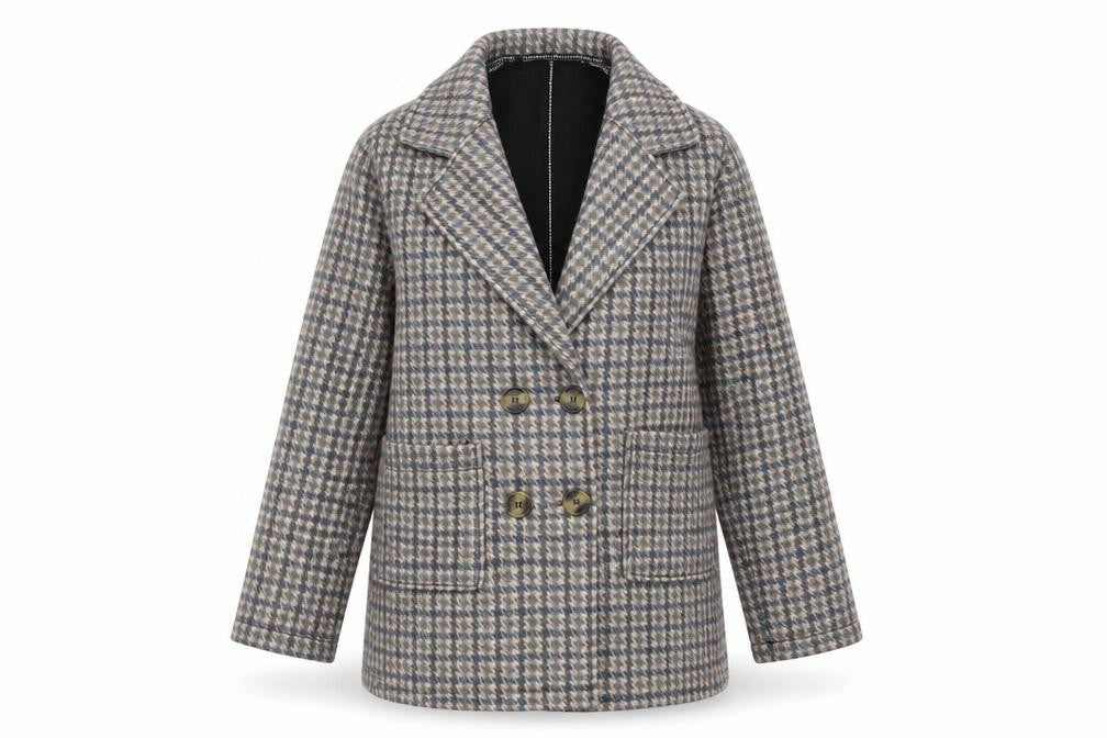 Haoshifen Womens Multicoloured Houndstooth Double-Breasted Pea Coat Size L