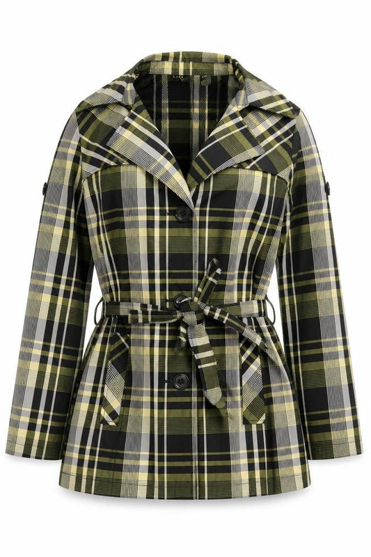 Steilmann Women Green Check Belted Mid-Length Trench Coat Jacket Size 14
