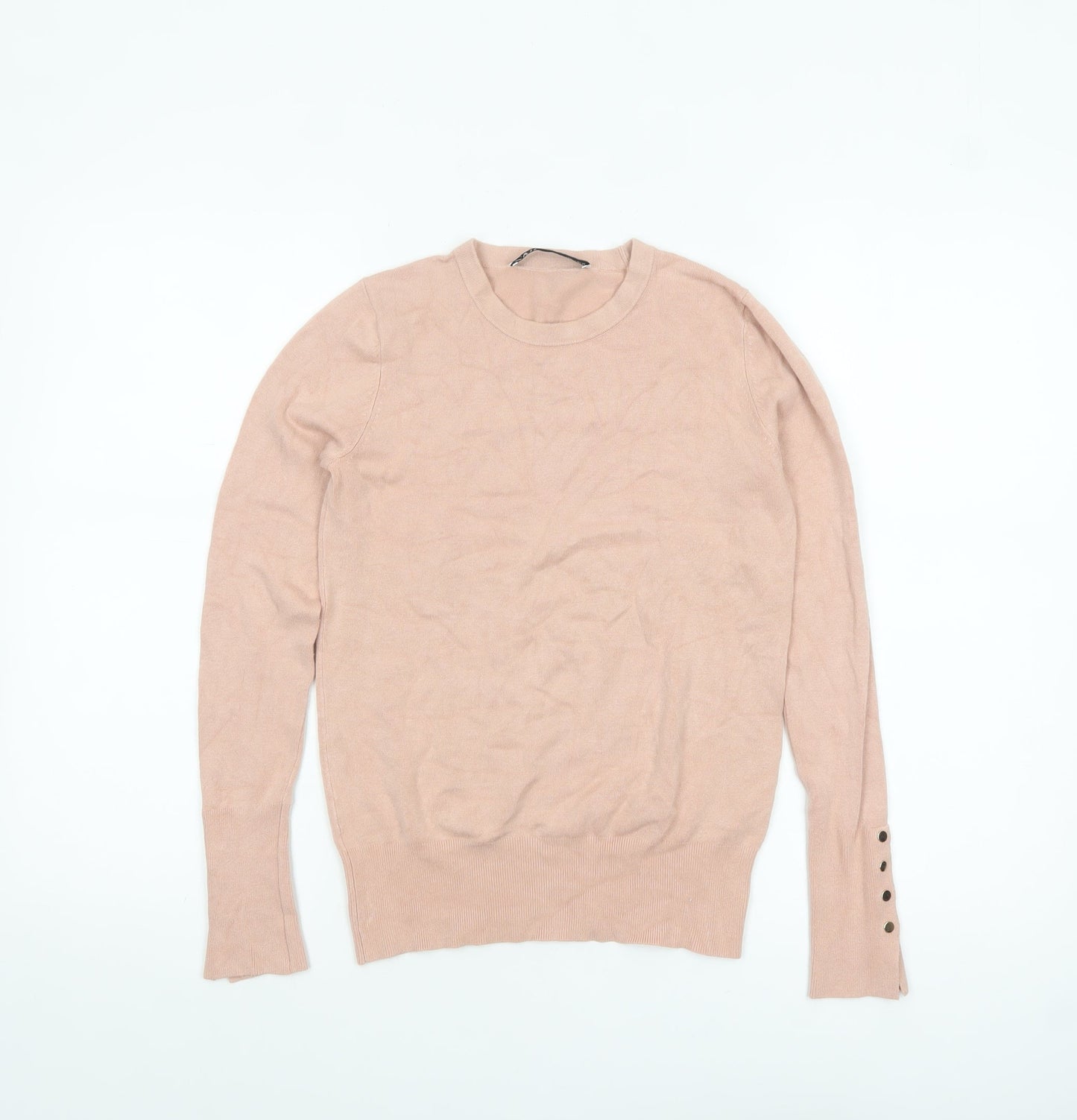 ZARA Women Beige Crew Neck Button Cuff Pullover Jumper Size 10