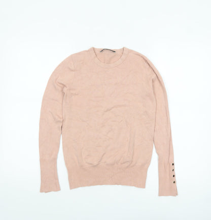 Zara Women Beige Crew Neck Button Cuff Pullover Jumper Size 10