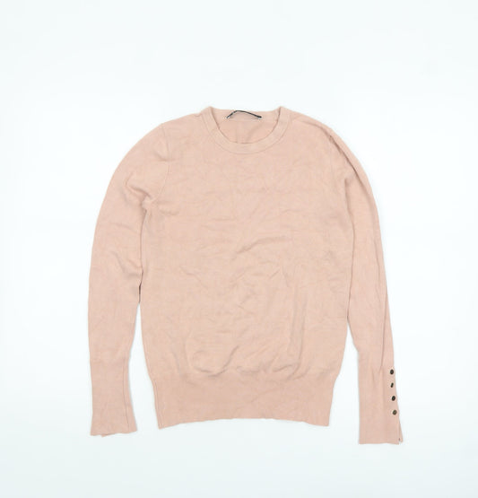 ZARA Women Beige Crew Neck Button Cuff Pullover Jumper Size 10
