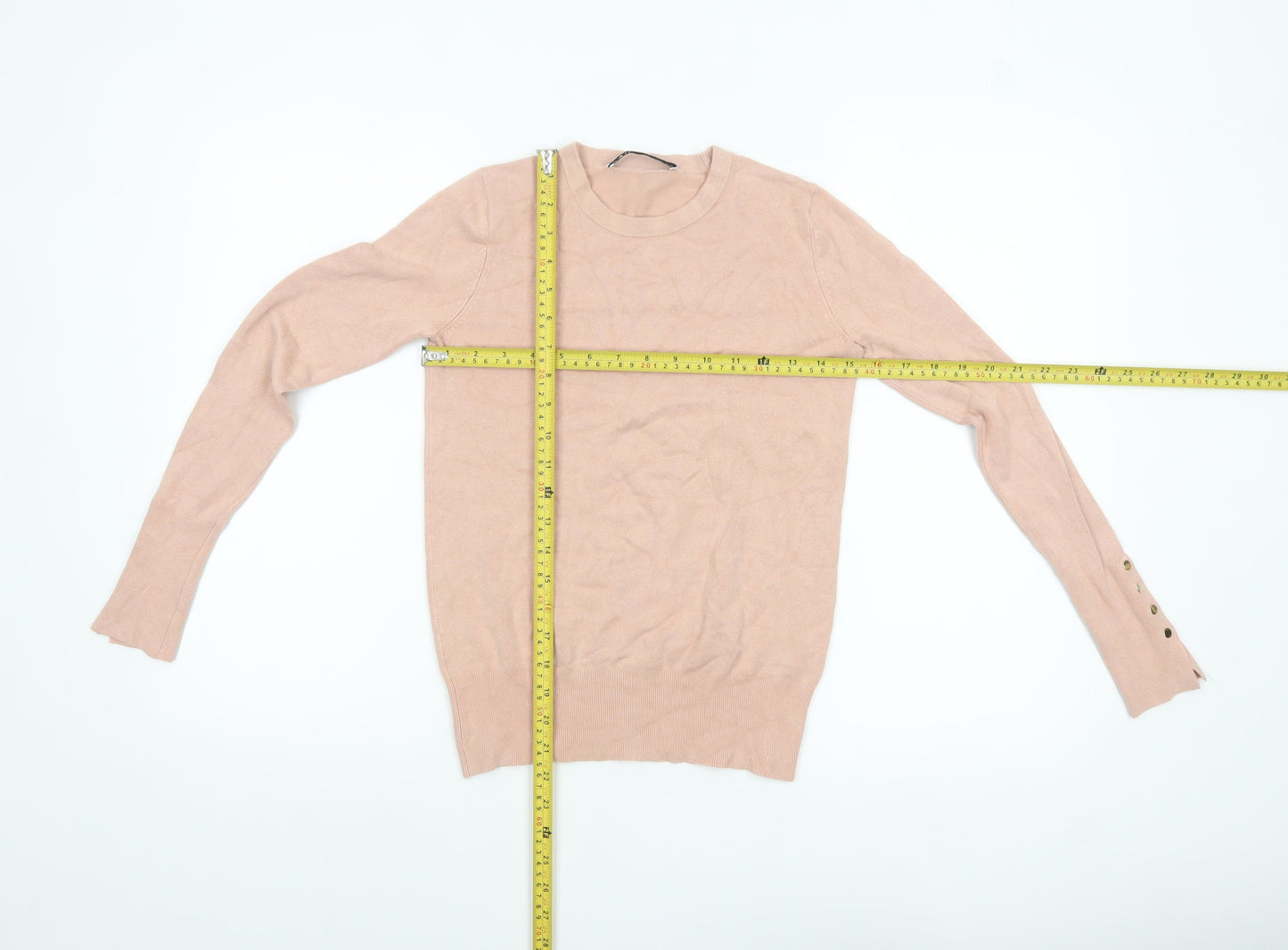 ZARA Women Beige Crew Neck Button Cuff Pullover Jumper Size 10