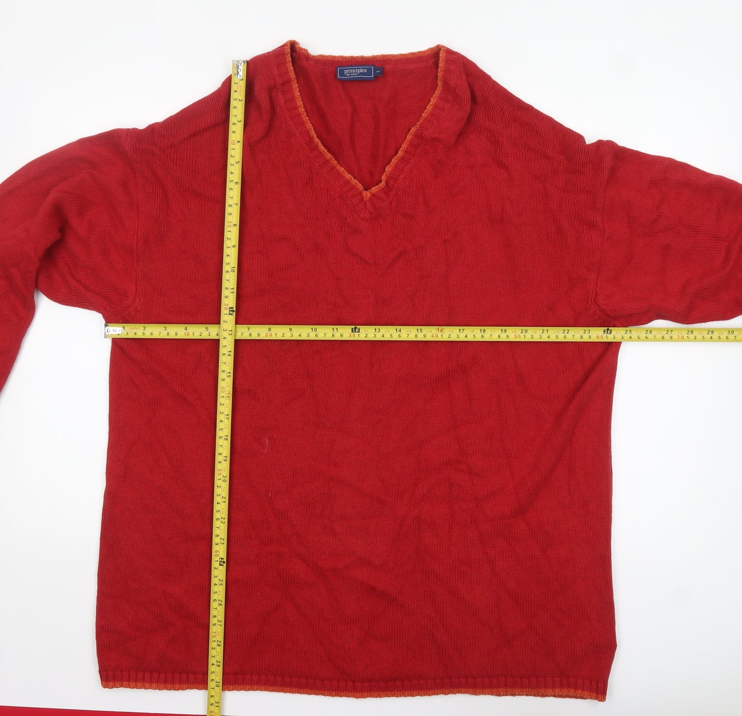 Principles Men Red Cotton V-Neck Pullover Jumper Size L