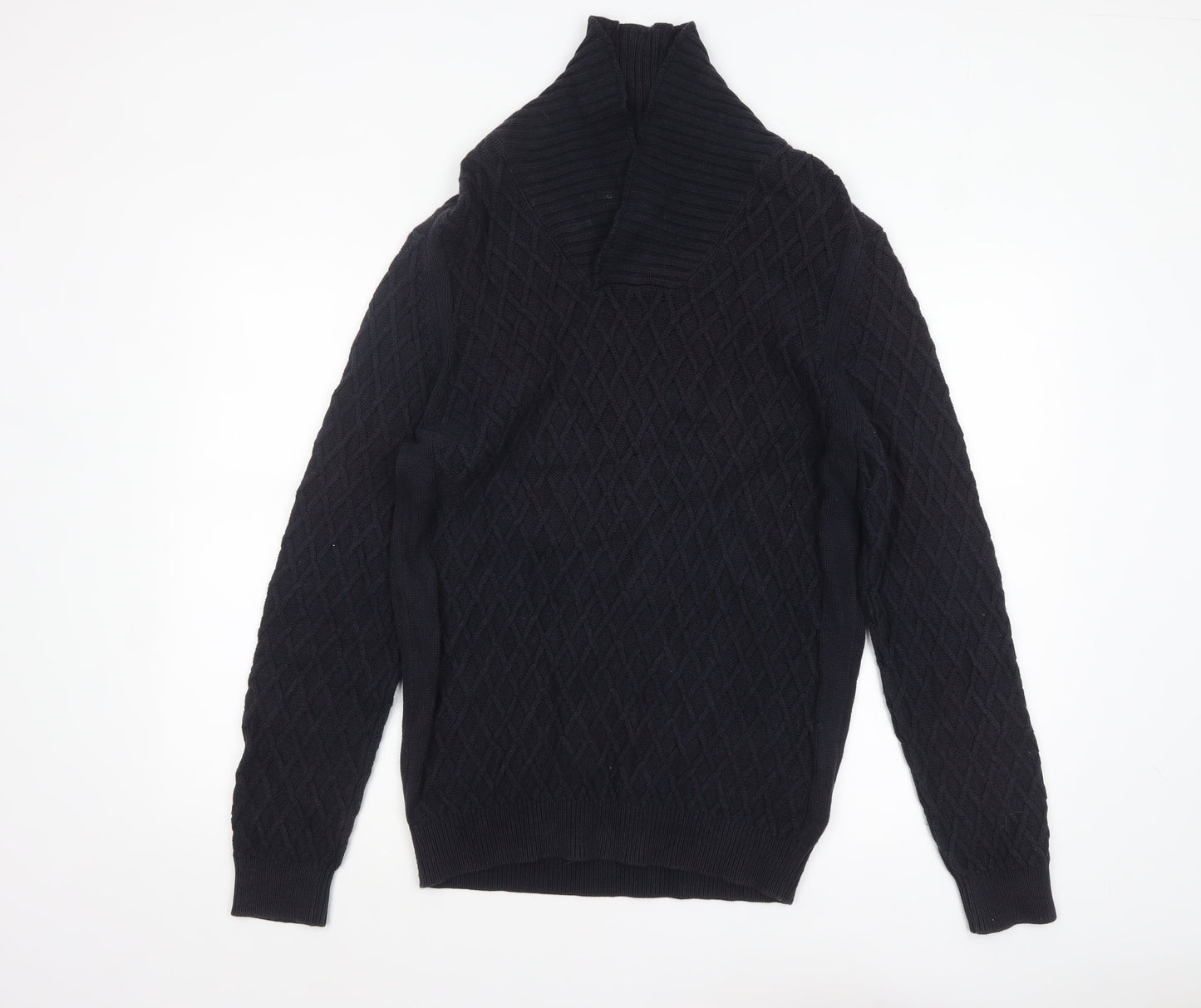 Massimo Dutti Men’s Black Cotton Cable Knit Roll Neck Jumper L