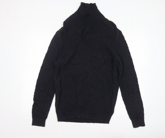 Massimo Dutti Men’s Black Cotton Cable Knit Roll Neck Jumper L